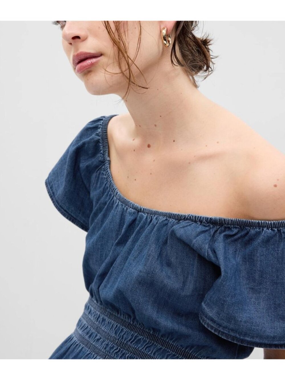 NWT GAP Denim Short Flutter Sleeve Tiered Round Neck Mini Dress w. Pockets Sz L - Picture 5 of 10